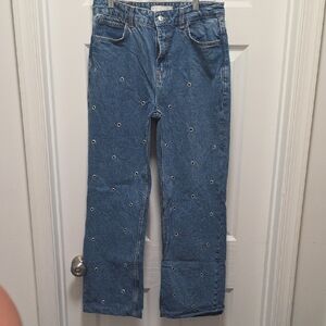 Zara Blue Straight-Leg Jeans with Grommet Accents